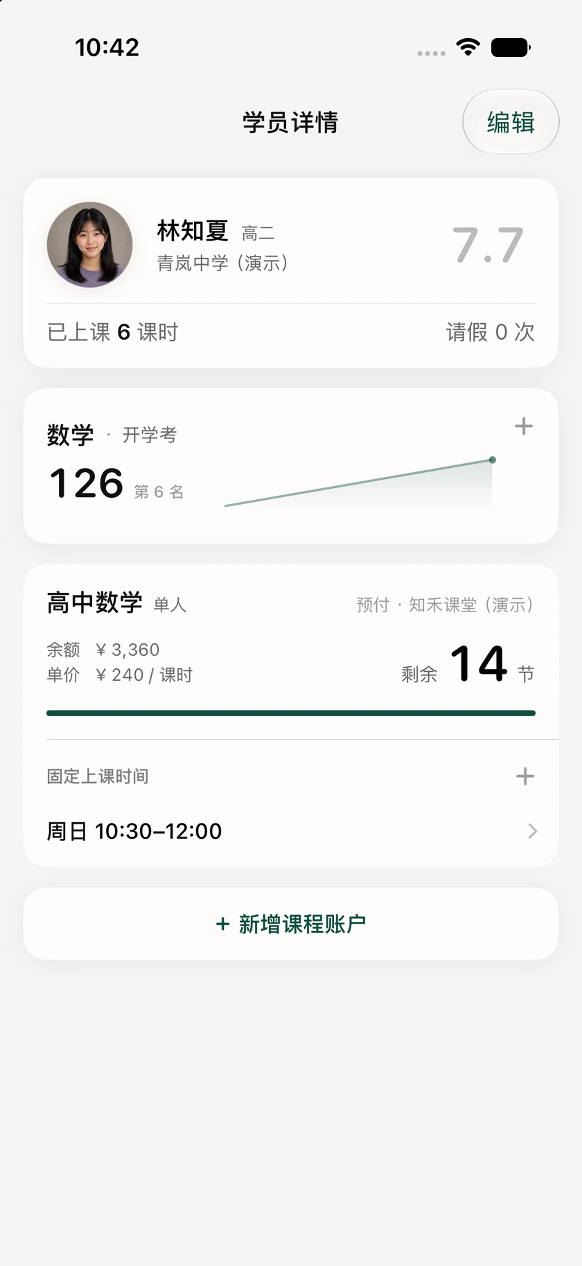课度学员详情续费后：林知夏剩十四节，已上课时仍为六